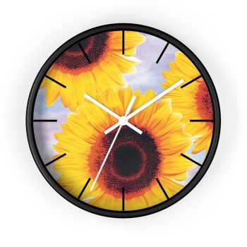 Wall Clock With Lines Sunflowers Flower Art Print Old Antique Vintage Blue Yellow Brown