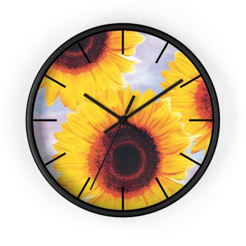 Wall Clock With Lines Sunflowers Flower Art Print Old Antique Vintage Blue Yellow Brown