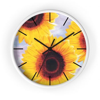 Wall Clock With Lines Sunflowers Flower Art Print Old Antique Vintage Blue Yellow Brown