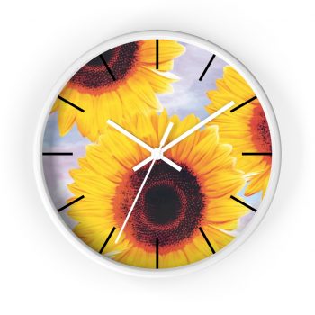 Wall Clock With Lines Sunflowers Flower Art Print Old Antique Vintage Blue Yellow Brown