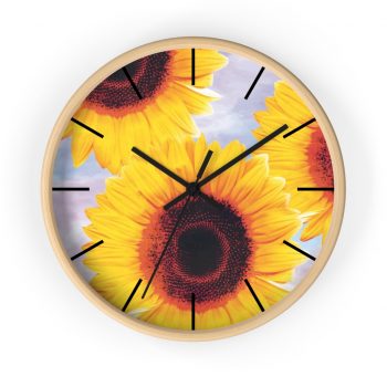 Wall Clock With Lines Sunflowers Flower Art Print Old Antique Vintage Blue Yellow Brown