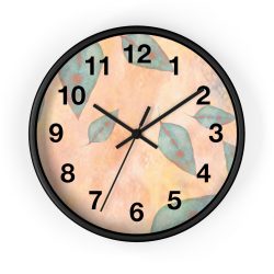 Wall Clock With Numbers Colorful Blue Leaves Leaf Beige Cream Coral Brown Art Print Old Antique Vintage