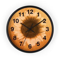 Wall Clock With Numbers Sunflower Flower Art Print Old Antique Vintage Beige Yellow Brown Gold