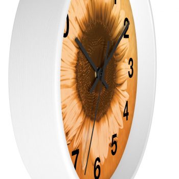 Wall Clock With Numbers Sunflower Flower Art Print Old Antique Vintage Beige Yellow Brown Gold