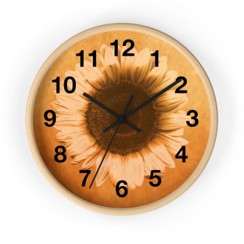 Wall Clock With Numbers Sunflower Flower Art Print Old Antique Vintage Beige Yellow Brown Gold