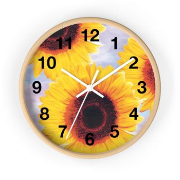 Wall Clock With Numbers Sunflowers Flower Art Print Old Antique Vintage Blue Yellow Brown