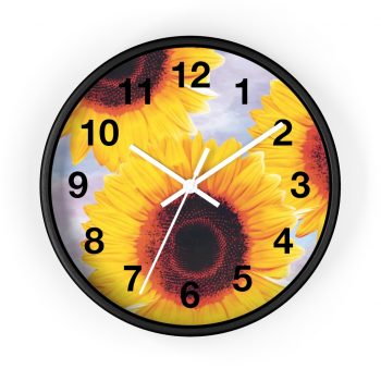 Wall Clock With Numbers Sunflowers Flower Art Print Old Antique Vintage Blue Yellow Brown