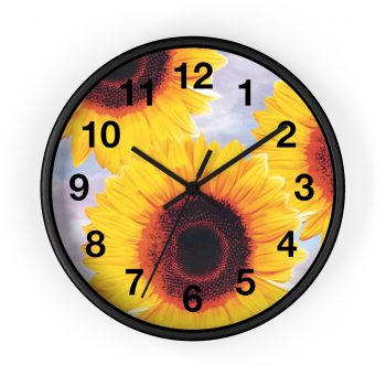 Wall Clock With Numbers Sunflowers Flower Art Print Old Antique Vintage Blue Yellow Brown