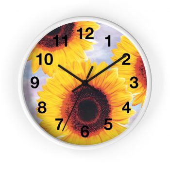 Wall Clock With Numbers Sunflowers Flower Art Print Old Antique Vintage Blue Yellow Brown