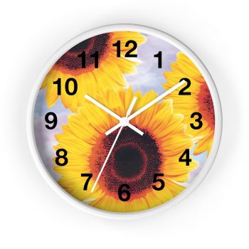 Wall Clock With Numbers Sunflowers Flower Art Print Old Antique Vintage Blue Yellow Brown