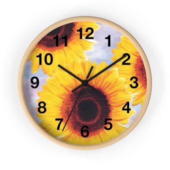 Wall Clock With Numbers Sunflowers Flower Art Print Old Antique Vintage Blue Yellow Brown