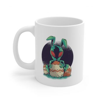 White Coffee Mug - Easter Alien with Easter Eggs