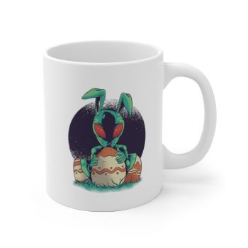 White Coffee Mug - Easter Alien with Easter Eggs