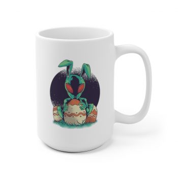 White Coffee Mug - Easter Alien with Easter Eggs