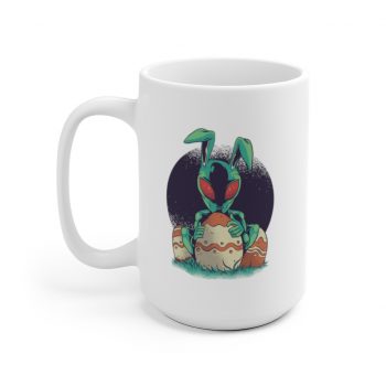 White Coffee Mug - Easter Alien with Easter Eggs