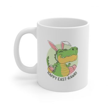 White Coffee Mug - Easter Dino T Rex Dinosaur Bunny Ears Eggs