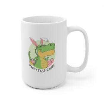 White Coffee Mug - Easter Dino T Rex Dinosaur Bunny Ears Eggs