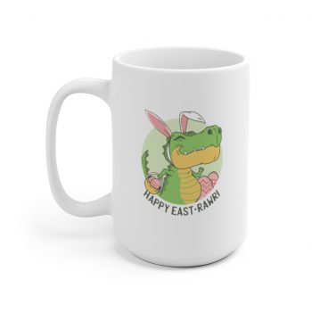 White Coffee Mug - Easter Dino T Rex Dinosaur Bunny Ears Eggs