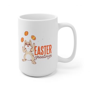 White Coffee Mug - Easter Greetings Bunny Juggling Easter Eggs