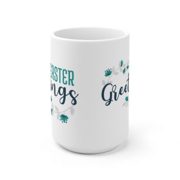 White Coffee Mug - Easter Greetings Flowers Blue Teal