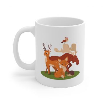 White Coffee Mug - Forest Animals Fox Deer Moose Possum