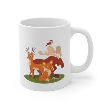 White Coffee Mug - Forest Animals Fox Deer Moose Possum