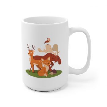 White Coffee Mug - Forest Animals Fox Deer Moose Possum