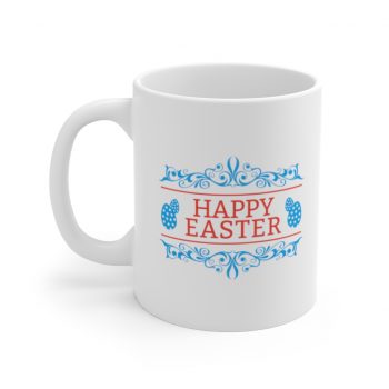 White Coffee Mug - Happy Easter Eggs Red Blue