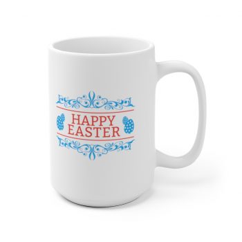 White Coffee Mug - Happy Easter Eggs Red Blue