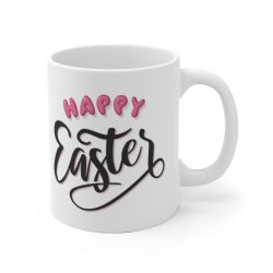White Coffee Mug - Happy Easter Pink Black