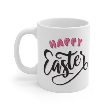 White Coffee Mug - Happy Easter Pink Black