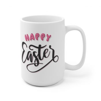 White Coffee Mug - Happy Easter Pink Black