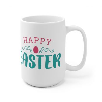 White Coffee Mug - Happy Easter Pink Blue Easter Egg