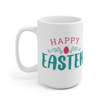 White Coffee Mug - Happy Easter Pink Blue Easter Egg