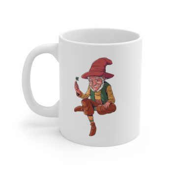 White Coffee Mug - Leprechaun Holding Shamrock Clover