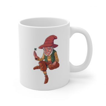 White Coffee Mug - Leprechaun Holding Shamrock Clover