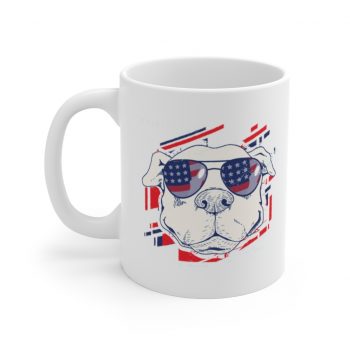 White Coffee Mug - Pitbull Pit bull USA American Flag