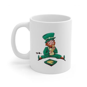 White Coffee Mug - St Patrick's Day Leprechaun Eating Pizza