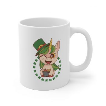 White Coffee Mug - St Patrick's Day Leprechaun Unicorn Pot of Gold