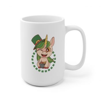 White Coffee Mug - St Patrick's Day Leprechaun Unicorn Pot of Gold