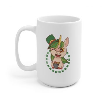 White Coffee Mug - St Patrick's Day Leprechaun Unicorn Pot of Gold