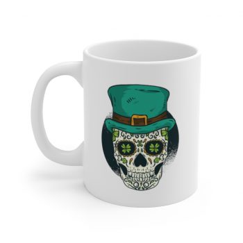 White Coffee Mug - St Patrick Sugar Skull Green Clover