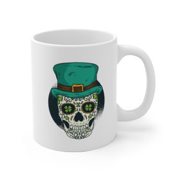 White Coffee Mug - St Patrick Sugar Skull Green Clover