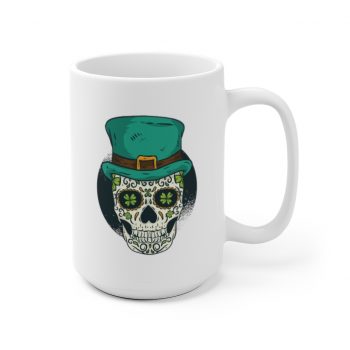 White Coffee Mug - St Patrick Sugar Skull Green Clover