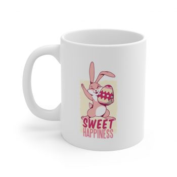 White Coffee Mug - Sweet Happiness - Easter Bunny with Easter Egg