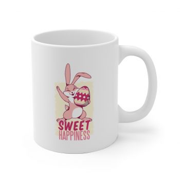 White Coffee Mug - Sweet Happiness - Easter Bunny with Easter Egg