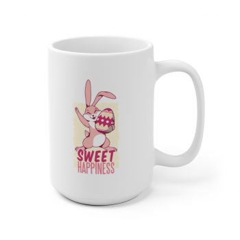 White Coffee Mug - Sweet Happiness - Easter Bunny with Easter Egg