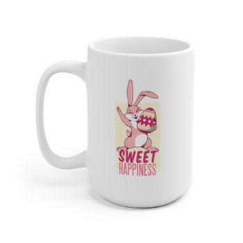 White Coffee Mug - Sweet Happiness - Easter Bunny with Easter Egg