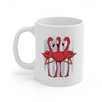 White Coffee Mug - Three Flamingos American Flag