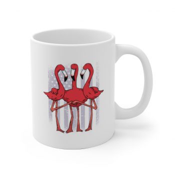 White Coffee Mug - Three Flamingos American Flag